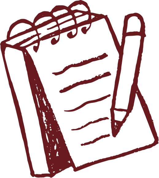 Line illustration — a notepad and pen
